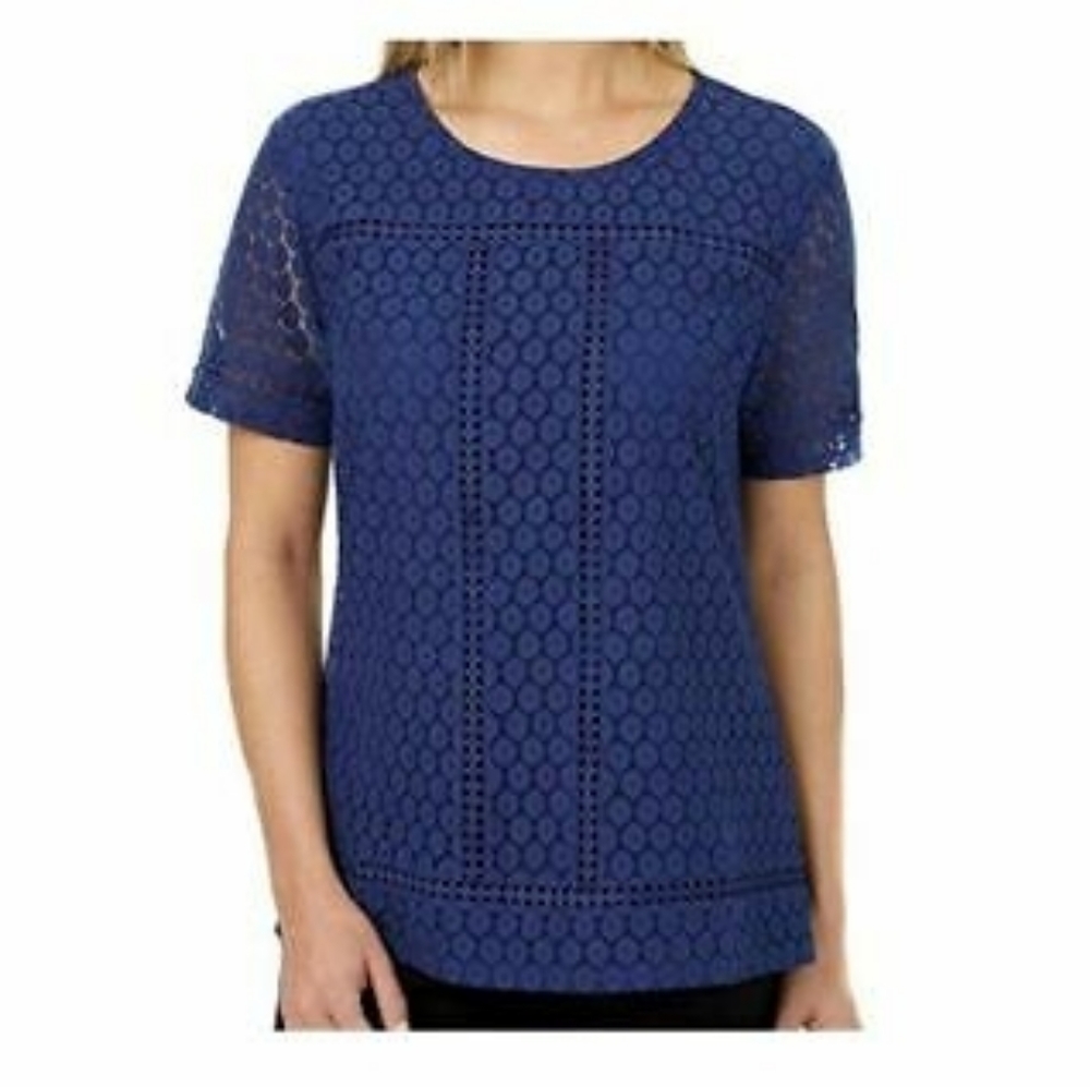 Badgley Mischka Blue Lace Overlay Scoop Neck Short Sleeve Blouse large